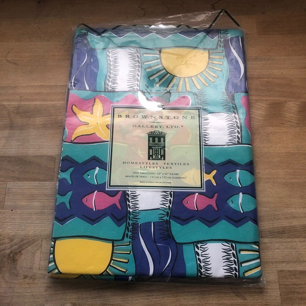 Brownstone Gallery Vinyl Tablecloth Square 52” X 52” Summer Beach Fish Poolside